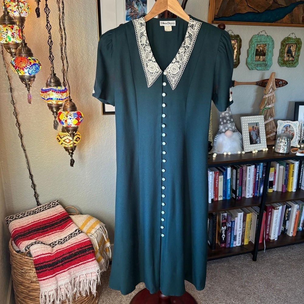 Vintage Ultra Dress, Forest Green, Lace Collar, Button Front Midi Dress 6P